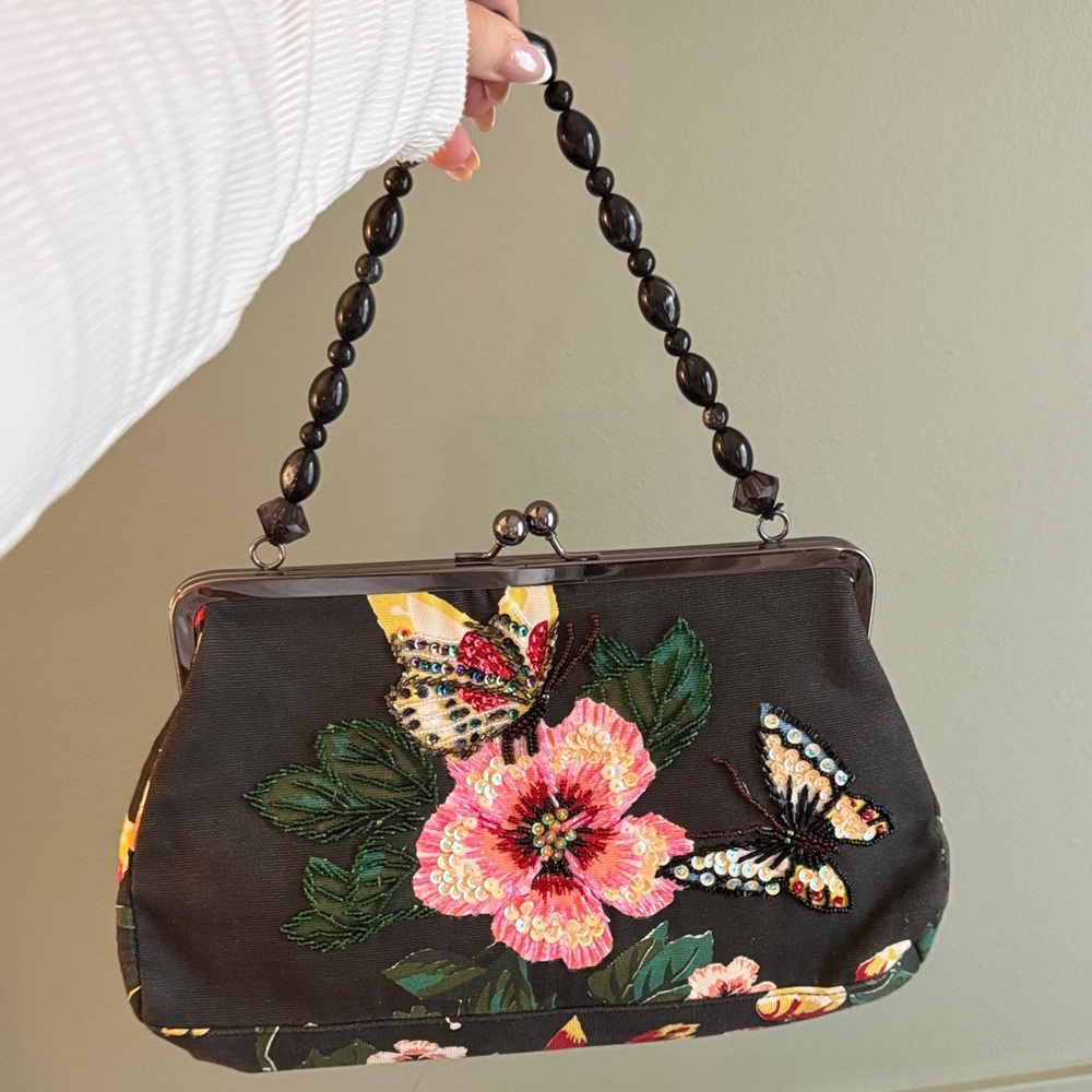 Beaded Black Floral Handbag